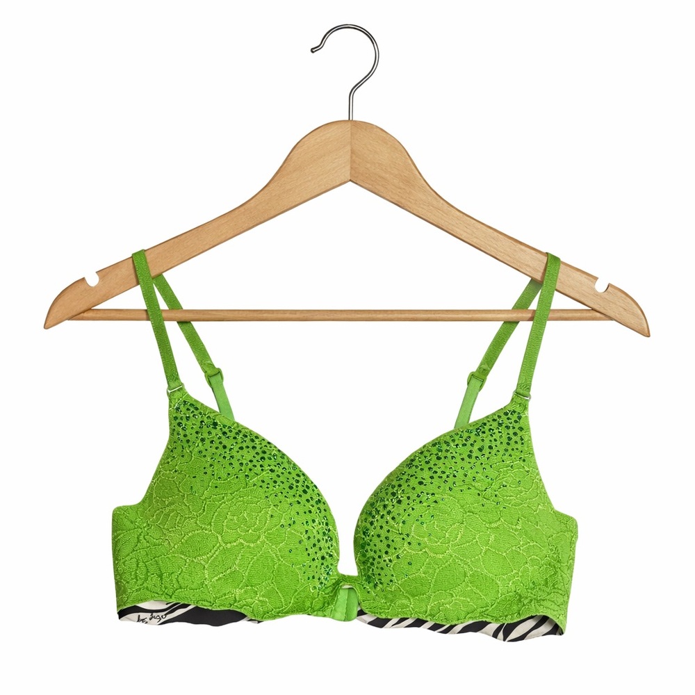 Victoria’s Secret Embrace Green Lace Bra 34C Rhinestone Push Up Underwire Bra